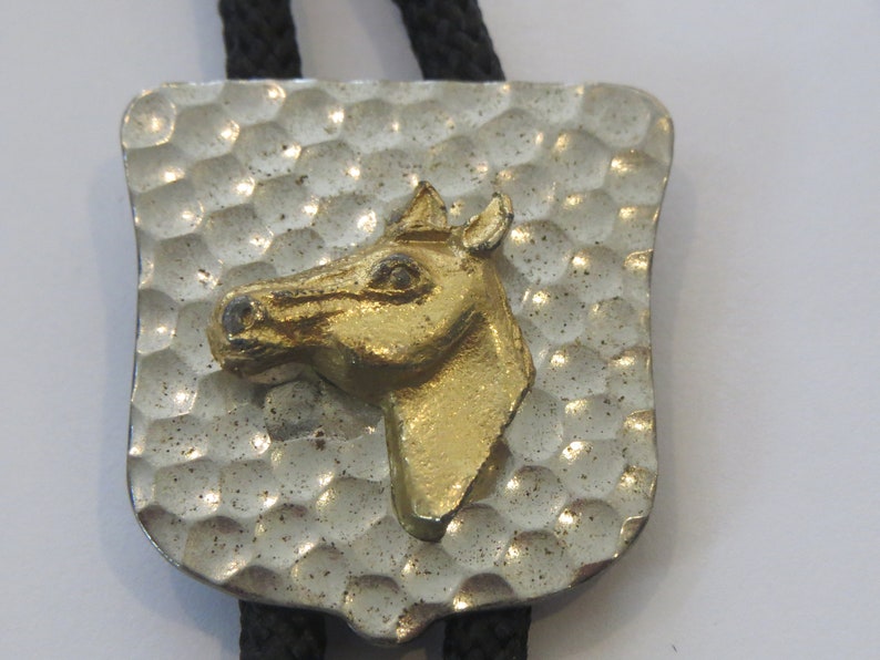 Horse Bolo Tie Costume Handcrafted Gold Tone Horse on Silver Tone Shield Bolo Tie IC Lot 3