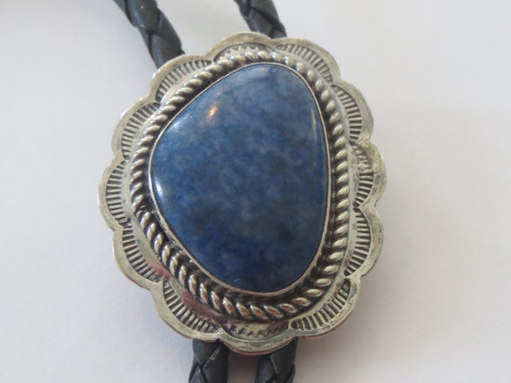 Lapis Bolo Tie, Vintage RTS Engraved Sterling Silv