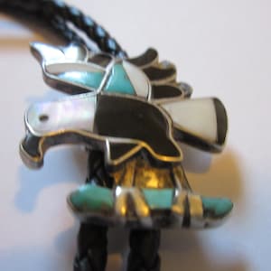 Eagle Bolo Tie, Vintage Sterling Silver Patriotic Eagle Turquoise/Onyx/MOP Bolo Tie IC Lot E