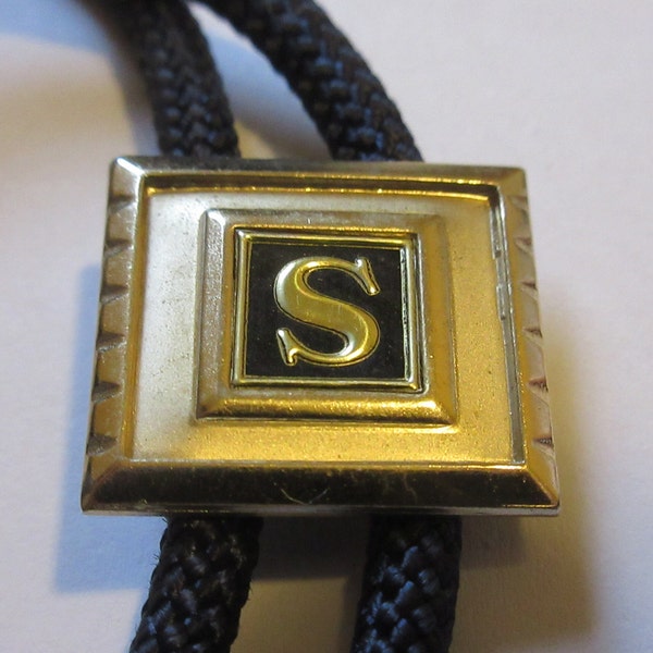 Initial S Bolo Tie, Vintage "S' Initial Monogram  on Gold Tone MOP  Square Sam Stan Susan Bolo Tie IC Lot 35