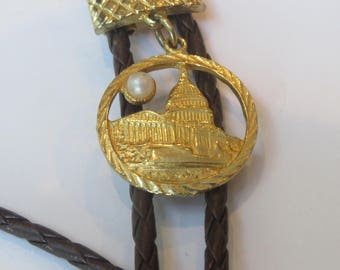 Washington DC Bolo, Handcrafted Ornate Gold Tone 2 Piece Capitol Building with Faux Pearl-Gifts for Her Necktie-Necklace Bolo Tie IC Lot S