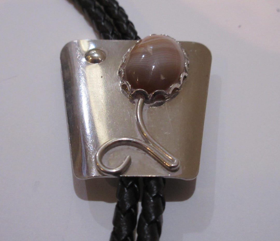 Stone Bolo Tie, Vintage Small Sterling Silver Southwestern Gray Beige ...