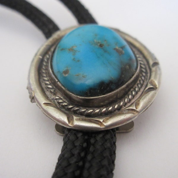 Turquoise Bolo Tie-Vintage Southwestern Silver Tone Beaded Setting w Faux Turquoise Bolo Tie IC Lot E1