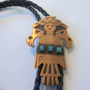 Copper Bolo Tie-Trading Post Copper Kachina Dancer Chief God Faux Turquoise Aqua Bolo Tie IC Lot 45
