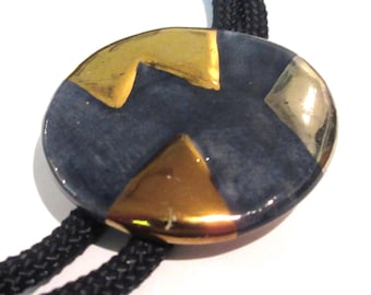 Handcrafted Ceramic Bolo Tie, Multi Enamel, Gold Tone Tips