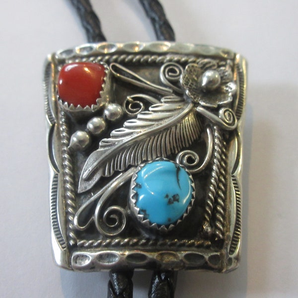 Vintage Sterling Silver Signed  Ornate Turquoise Coral In Scroll Work Stamped  Bolo Tie IC Lot 40