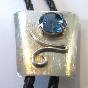 Blue Stone Bolo Tie-Gifts for Her- Vintage Sterling Silver Blue Rhinestone on Shield Bolo Tie IC lot 39