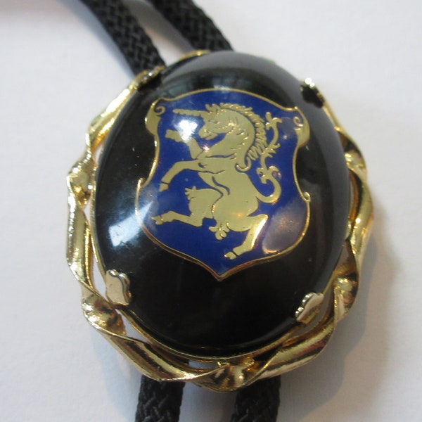 Unicorn Bolo Tie-Handcrafted Gold Tone Unicorn Black Stone Rider Equestrian-Gifts for Him Necktie- Mens Necklace Bolo Bola Tie IC Lot Z