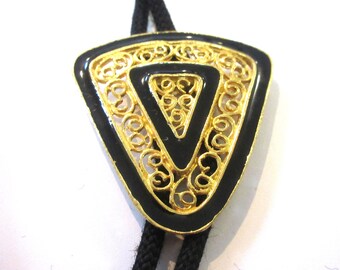 Gold Tone Filigree Bolo Tie, Black Nylon Cord, Costume Ornate Design IC Lot 38