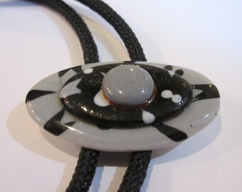 Handcrafted Porcelain Bolo Tie, Black White Oval Design