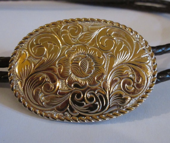 Flower Bolo Tie, Crumrine Gold Tone Flower Floral… - image 4