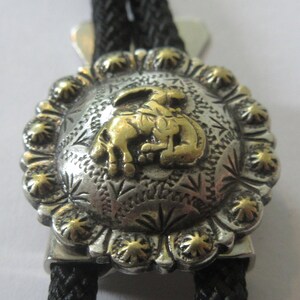 Horse Bolo Tie, Small Costume Gold Tone Rider Horse on Silver Tone Shield-Gifts for Him- Necktie-Mens Necklace Bolo IC Lot 43