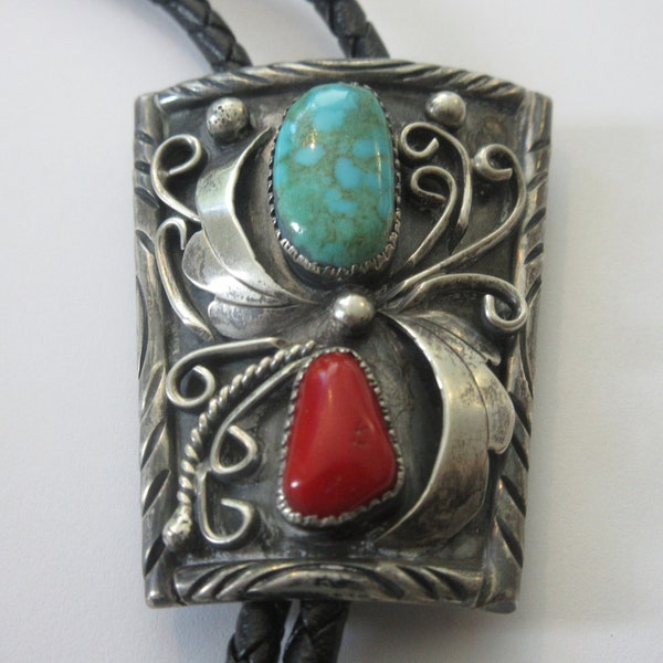 Vintage Bennett Navajo Sterling Silver Signed HF Ornate Turquoise Coral  Designs   Bolo Tie IC Lot 9
