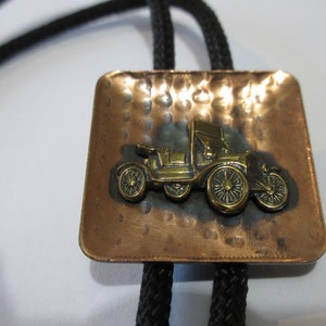 Car Bolo Tie-Gifts for Him-Vintage Aged Gold Tone Car Jalopy Small Classic Car Bolo Tie IC Lot 28