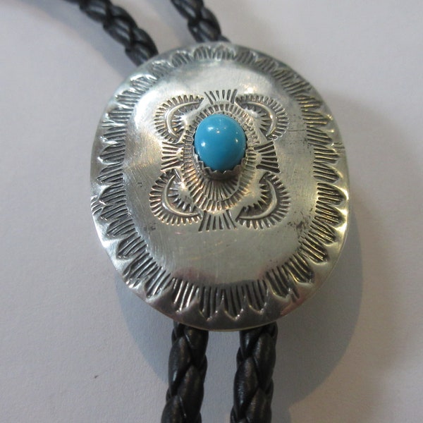 Turquoise Bolo Tie, Vintage Sterling Silver Turquoise Aqua Stone on Shield Bolo Tie IC  Lot 12