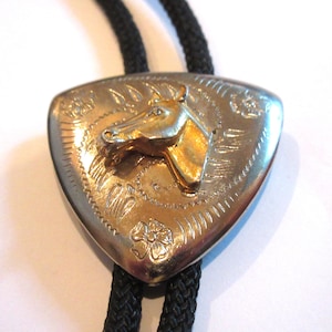 Horse Bolo Tie, Costume Gold Tone Rider Horse on Silver Tone Shield-Gift for Him Necktie -Mens Necklace Bolo IC Lot 20