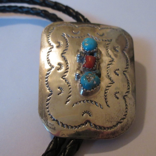 Sterling Bolo Tie-Gifts for Her- Vintage Sterling Silver Ornate Turquoise Coral on Shield -Necktie -Necklace Bolo Tie IC Lot E