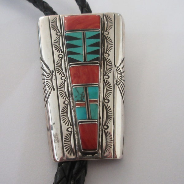 Sterling Bolo Tie, Vintage Sterling Silver Turquoise Onyx Coral Stones Bolo Tie IC Lot C