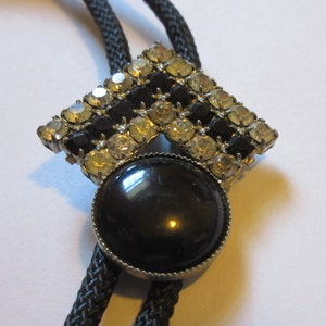 Faux Onyx Bolo Tie, Costume Silver Tone Faux Onyx Rhinestones on Shield-Gifts for Her- Necktie-Necklace Bolo Tie IC Lot 32