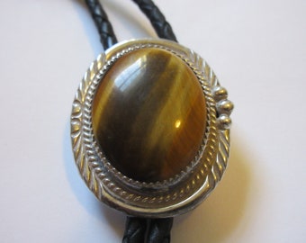 Tigers Eye Bolo Tie-Gifts for Her-Vintage Sterling Silver Southwestern Brown Tigers Eye Stone Signed AMB Bolo Tie IC Lot 33