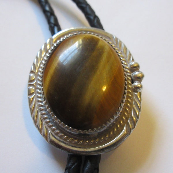 Tigers Eye Bolo Tie-Gifts for Her-Vintage Sterling Silver Southwestern Brown Tigers Eye Stone Signed AMB Bolo Tie IC Lot 33