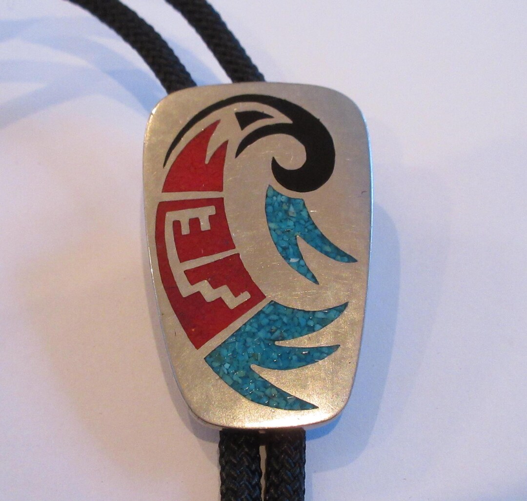 Eagle Hawk Raptor W Inlayed Faux Turquoise Aqua Black Red Enamel Bolo ...