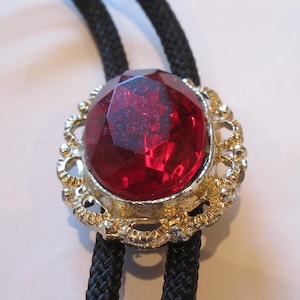 Red Crystal Bolo Tie-Gifts for Her-Red Acrylic Rhinestone in Silver Tone Setting Geologist Rock Hound Bolo Tie IC Lot K