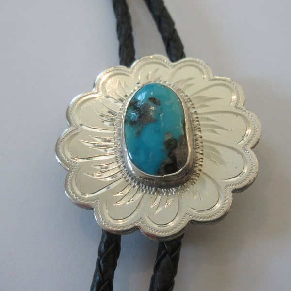 Comstock Bolo Tie, Vintage Sterling Silver Turquoise on Shield Bolo Tie IC Lot 28