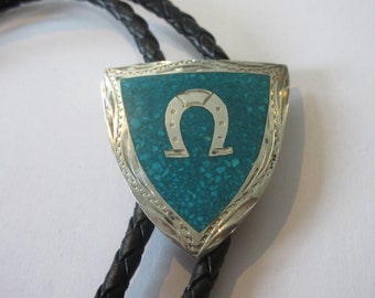 Horseshoe Bolo Tie-Gifts for Him-Vintage Sterling Horseshoe Turquoise Inlay Guad Plata De Jalisco UFGM-Necktie-Necklace Bolo Tie IC Lot 15