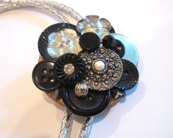Handcrafted Button Bolo Tie: Silver Tone Tips, 33" Long IC Lot 23