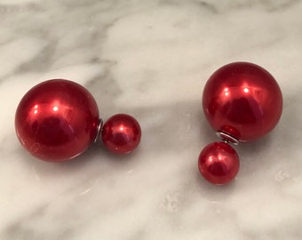 20% OFF FLASH SALE Red Pearl Double Ball Stud Earrings Double Sided Bauble Earrings