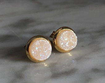 White Raw Druzy Stud Earrings - Sparkly Bridesmaid Earrings - Crystal Jewelry - Earring Gifts - Minimal Simple Everyday Earrings