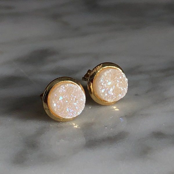 White Raw Druzy Stud Earrings - Sparkly Bridesmaid Earrings - Crystal Jewelry - Earring Gifts - Minimal Simple Everyday Earrings