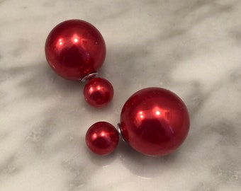 20% OFF FLASH SALE Red Pearl Double Ball Stud Earrings Double Sided Bauble Earrings