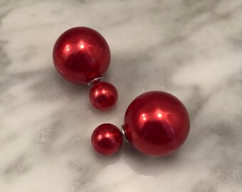 20% OFF FLASH SALE Red Pearl Double Ball Stud Earrings Double Sided Bauble Earrings