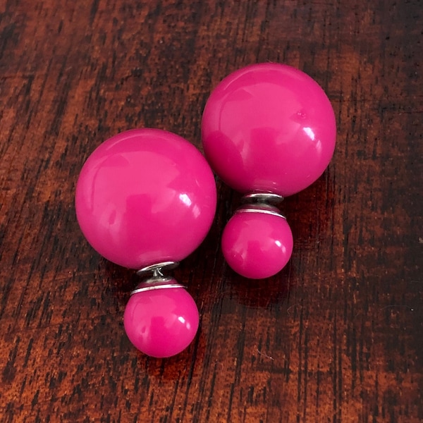 20% OFF FLASH SALE Glossy Hot Pink Fuchsia Double Ball Stud Earrings Minimalist Chic Double-Ball Double Sided Bauble Earring
