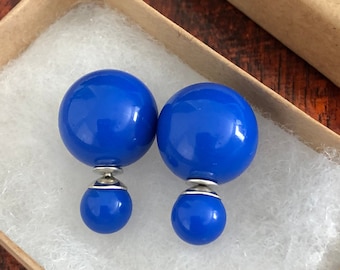 20% OFF FLASH SALE Glossy Royal Blue Double Ball Stud Earrings Minimalist Chic Double-Ball Double Sided Bauble Earring
