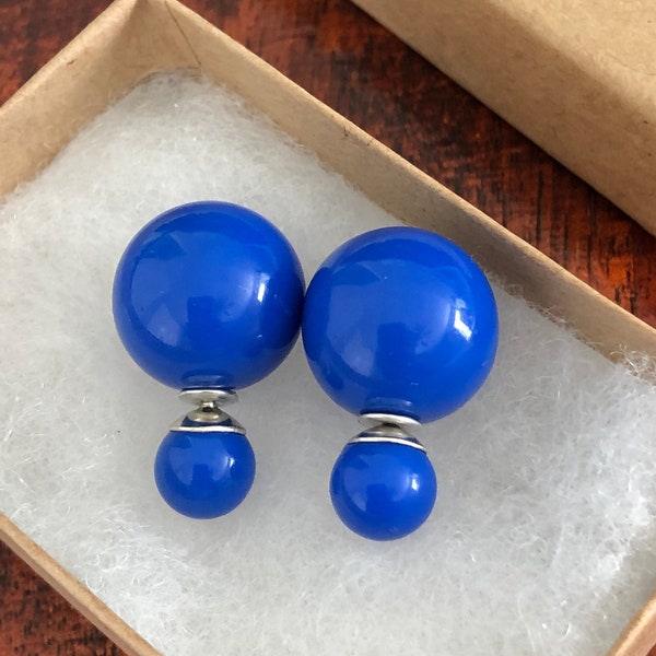20% OFF FLASH SALE Glossy Royal Blue Double Ball Stud Earrings Minimalist Chic Double-Ball Double Sided Bauble Earring