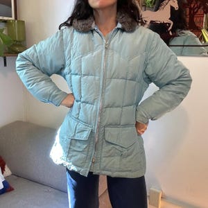 vintage 70s blue puff gray faux fur collar winter jacket S M cute boho coat