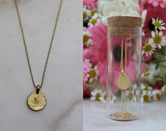 The Perfect " K " Initial Necklace Dainty Matte Gold Hammered Disc Delicate Handmade Jewelry K name necklace K letter name necklace