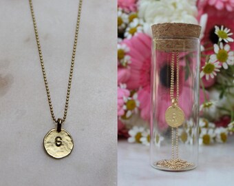 The Perfect " G " Initial Necklace Dainty Matte Gold Hammered Disc Delicate Handmade Jewelry G name necklace girlfriend G necklace