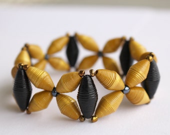Handcrafted Gold & Silver Paper Bead Bracelet: Bow Tie Motif