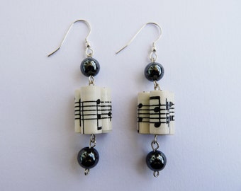 Music Notes paper bead earrings with hematite beads