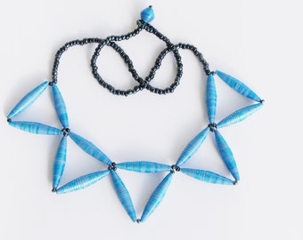 Iridescent blue paper bead necklace