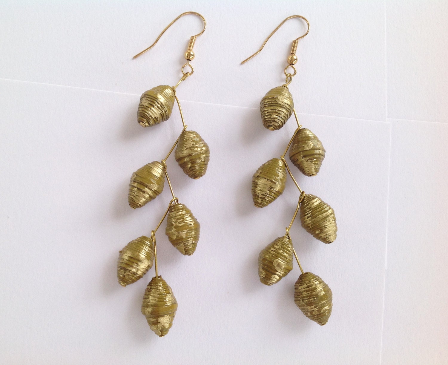 CC Double C Pink Olive Bead Flower Tassel Gold Earrings