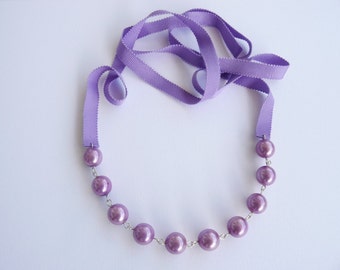 Silver, pearls and ribbon necklace