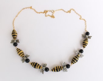 Bumblebee paper bead necklace.