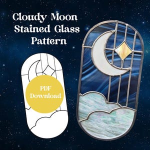 May include: A stained glass pattern for a cloudy moon with a crescent moon, a star, and clouds. The pattern is in black and white and is available as a PDF download.