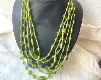 Vintage Green Beaded Necklace, 5 Strand Bead Necklace Grass Green Glass Beads