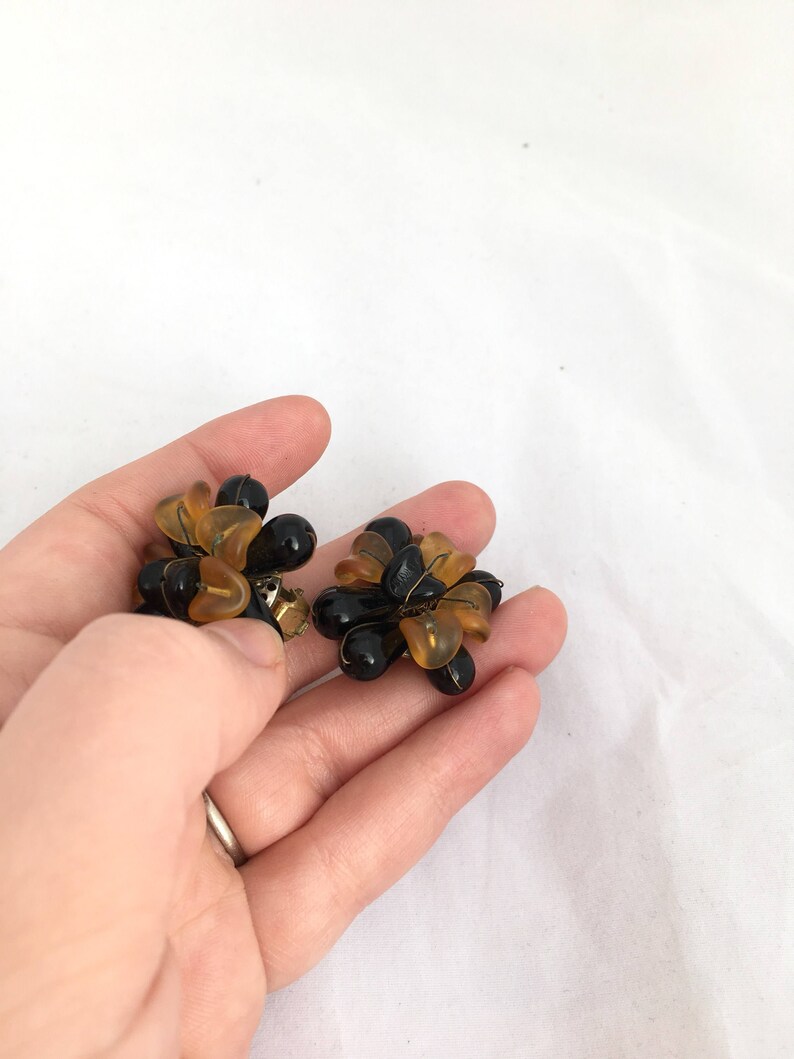 Big Plastic Clip on Earrings ROCHELLE Chrysanthemum Style Earrings in Golden Orange and Black Big 80s Earrings Non gold Clip Ons Big Clip on